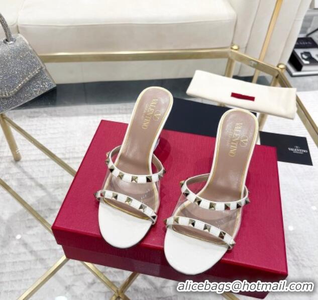 Good Quality Valentino Rockstud Wedge Slide Sandals 8cm in Patent Leather and PVC with Clear Heel White 712036