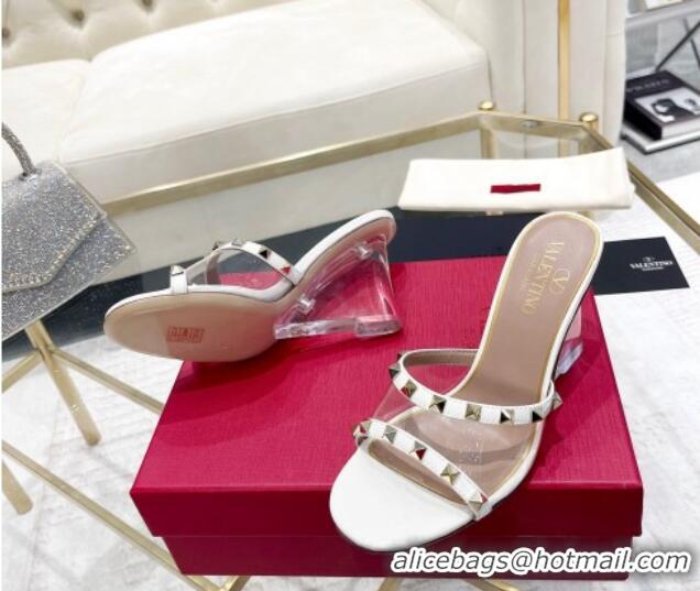 Good Quality Valentino Rockstud Wedge Slide Sandals 8cm in Patent Leather and PVC with Clear Heel White 712036