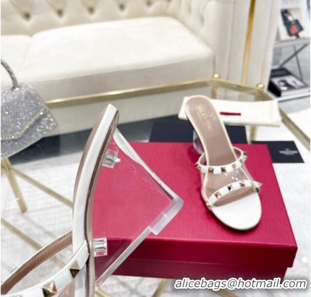 Good Quality Valentino Rockstud Wedge Slide Sandals 8cm in Patent Leather and PVC with Clear Heel White 712036