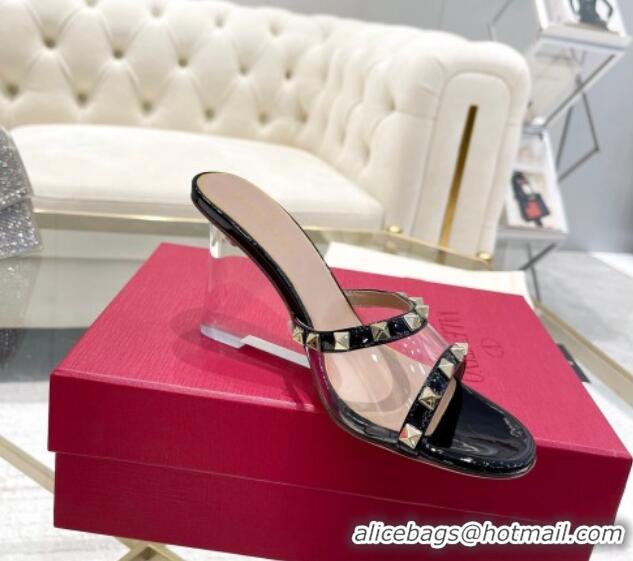 Top Design Valentino Rockstud Wedge Slide Sandals 8cm in Patent Leather and PVC with Clear Heel Black 712037