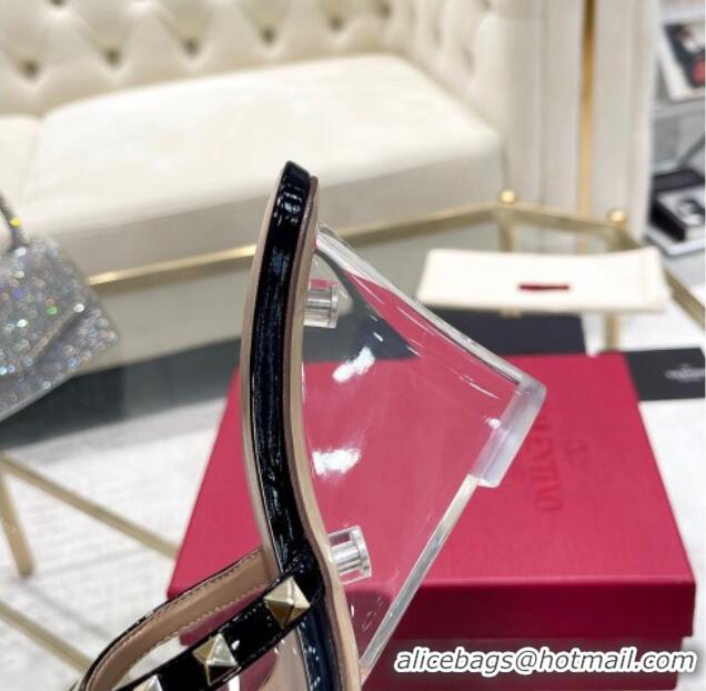 Top Design Valentino Rockstud Wedge Slide Sandals 8cm in Patent Leather and PVC with Clear Heel Black 712037