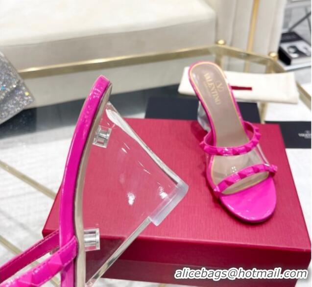 Best Grade Valentino Rockstud Wedge Slide Sandals 8cm in Patent Leather and PVC with Clear Heel PP Pink 712038