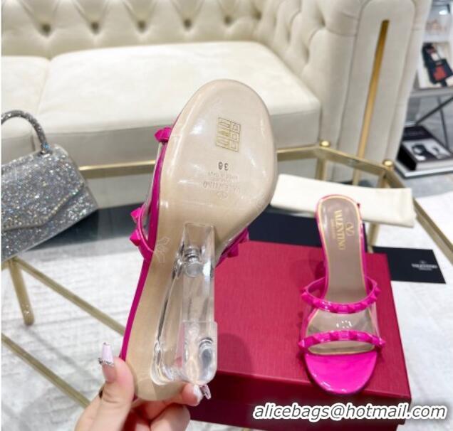 Best Grade Valentino Rockstud Wedge Slide Sandals 8cm in Patent Leather and PVC with Clear Heel PP Pink 712038