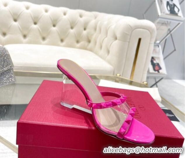 Best Grade Valentino Rockstud Wedge Slide Sandals 8cm in Patent Leather and PVC with Clear Heel PP Pink 712038