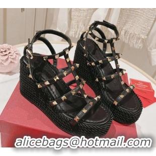 Pretty Style Valentino Rockstud Ankle Strap Wedge Platform Sandals 10cm in Calfskin Black 712039