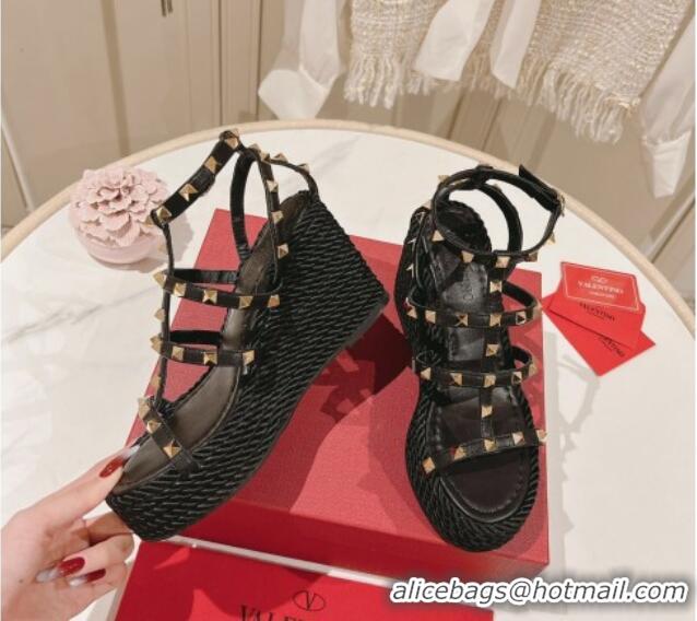 Pretty Style Valentino Rockstud Ankle Strap Wedge Platform Sandals 10cm in Calfskin Black 712039