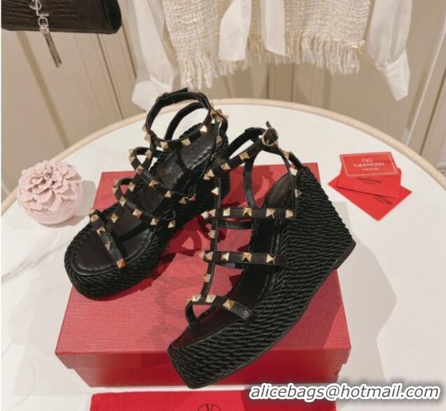 Pretty Style Valentino Rockstud Ankle Strap Wedge Platform Sandals 10cm in Calfskin Black 712039