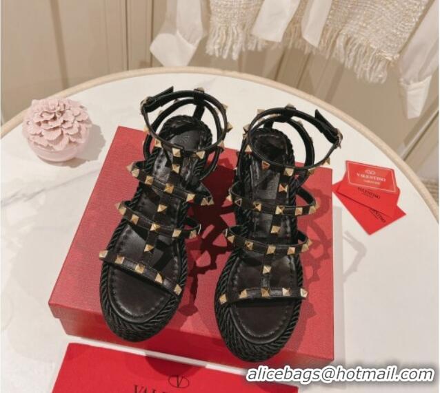 Pretty Style Valentino Rockstud Ankle Strap Wedge Platform Sandals 10cm in Calfskin Black 712039