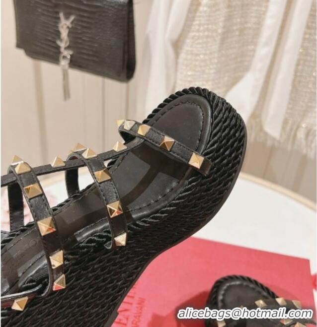 Pretty Style Valentino Rockstud Ankle Strap Wedge Platform Sandals 10cm in Calfskin Black 712039