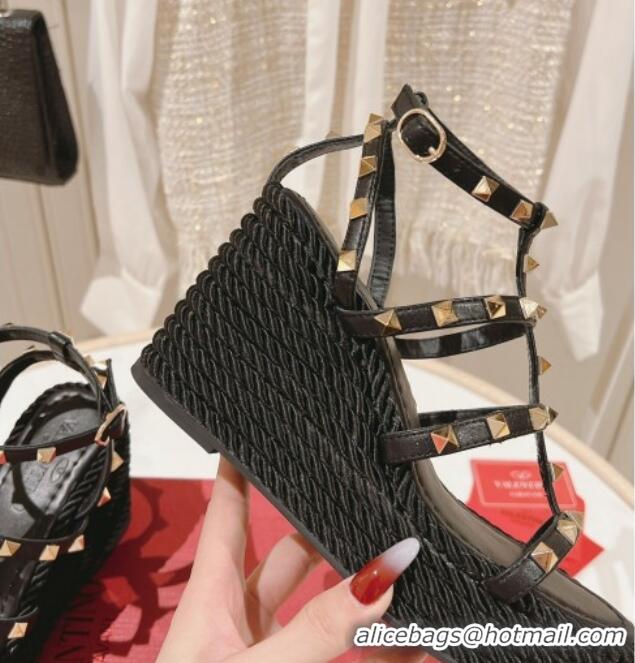 Pretty Style Valentino Rockstud Ankle Strap Wedge Platform Sandals 10cm in Calfskin Black 712039