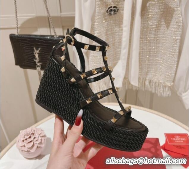 Pretty Style Valentino Rockstud Ankle Strap Wedge Platform Sandals 10cm in Calfskin Black 712039