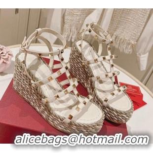 Top Grade Valentino Rockstud Ankle Strap Wedge Platform Sandals 10cm in Calfskin White 712040