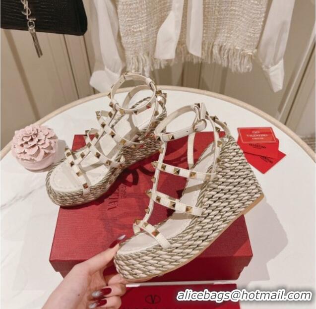 Top Grade Valentino Rockstud Ankle Strap Wedge Platform Sandals 10cm in Calfskin White 712040