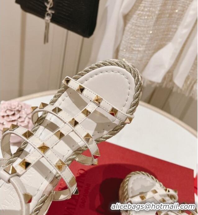 Top Grade Valentino Rockstud Ankle Strap Wedge Platform Sandals 10cm in Calfskin White 712040