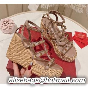 Grade Quality Valentino Rockstud Ankle Strap Wedge Platform Sandals 10cm in Calfskin Nude 712041