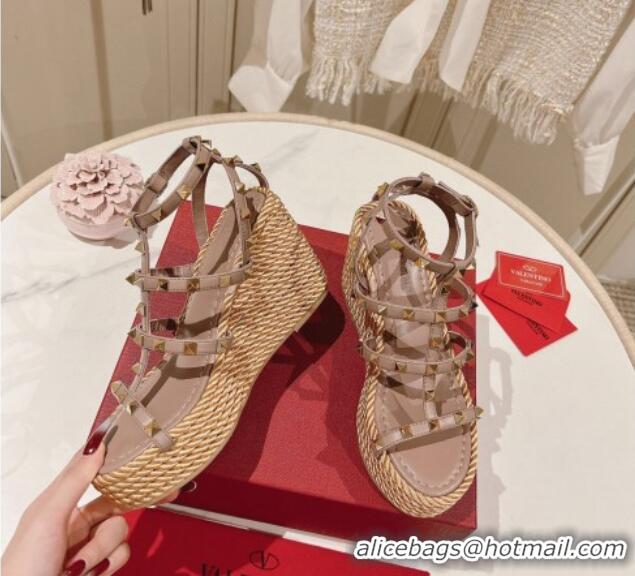 Grade Quality Valentino Rockstud Ankle Strap Wedge Platform Sandals 10cm in Calfskin Nude 712041