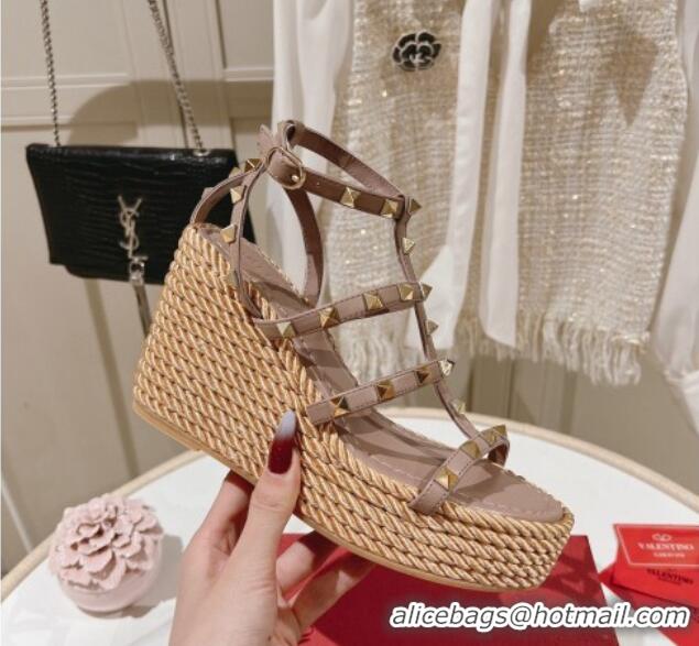 Grade Quality Valentino Rockstud Ankle Strap Wedge Platform Sandals 10cm in Calfskin Nude 712041