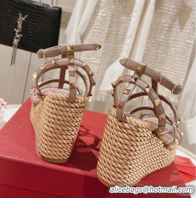 Grade Quality Valentino Rockstud Ankle Strap Wedge Platform Sandals 10cm in Calfskin Nude 712041