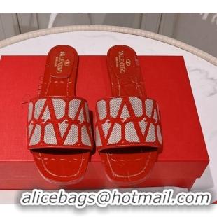 Sophisticated Valentino Toile Iconographe Fabric Flat Slide Sandals Red 712042