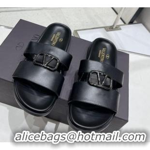 Most Popular Valentino VLogo Leather Slide Sandals Black 712044