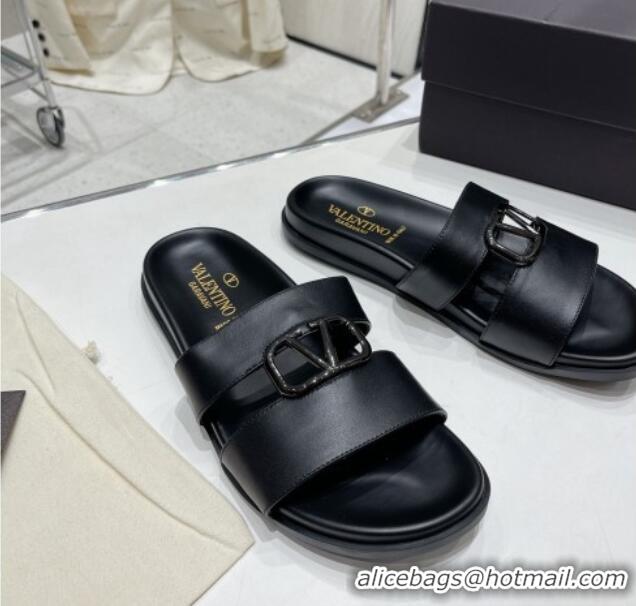 Most Popular Valentino VLogo Leather Slide Sandals Black 712044