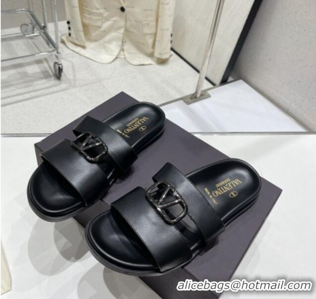 Most Popular Valentino VLogo Leather Slide Sandals Black 712044