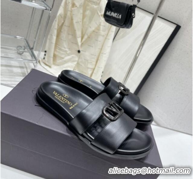 Most Popular Valentino VLogo Leather Slide Sandals Black 712044