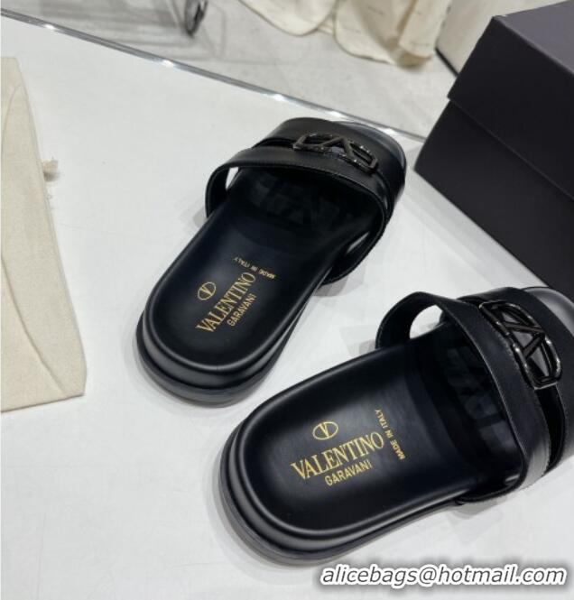 Most Popular Valentino VLogo Leather Slide Sandals Black 712044