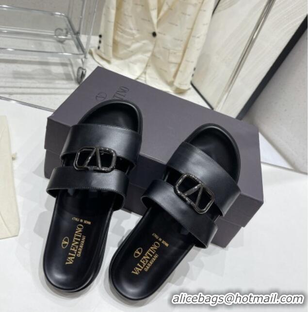 Most Popular Valentino VLogo Leather Slide Sandals Black 712044