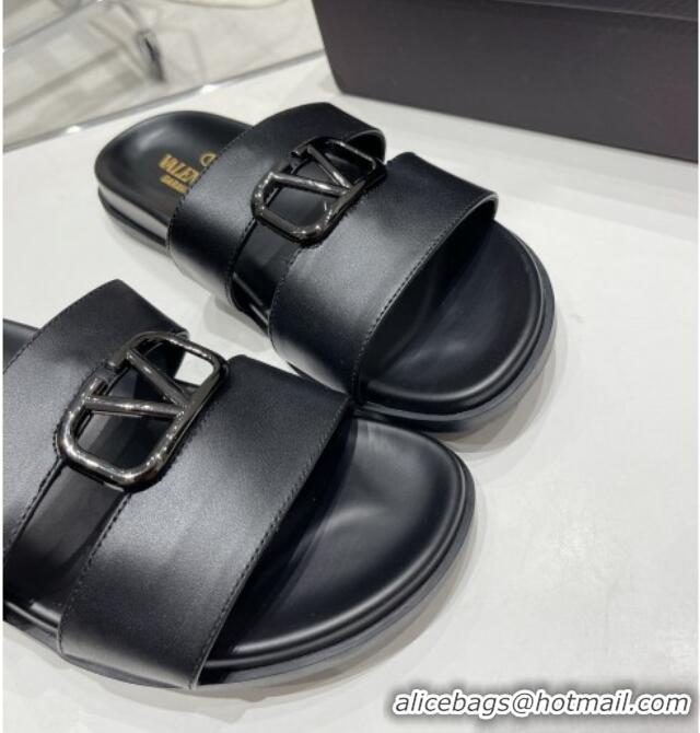 Most Popular Valentino VLogo Leather Slide Sandals Black 712044