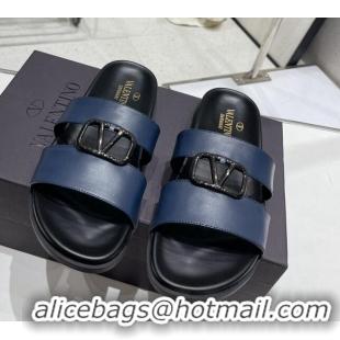 Luxury Cheap Valentino VLogo Leather Slide Sandals Navy Blue 712045