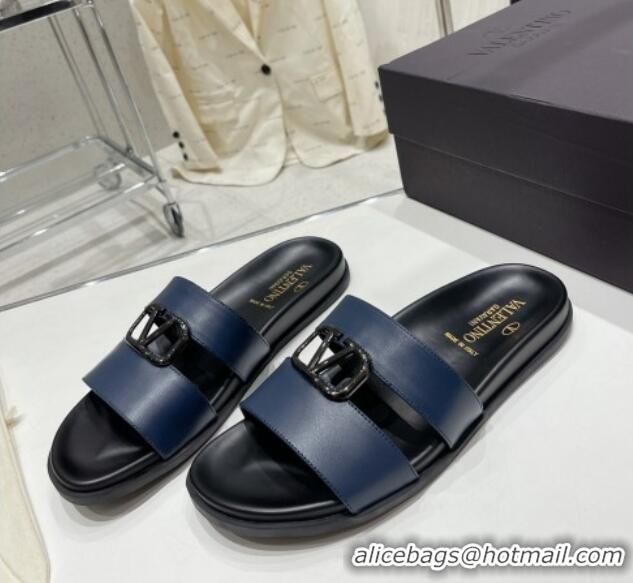 Luxury Cheap Valentino VLogo Leather Slide Sandals Navy Blue 712045