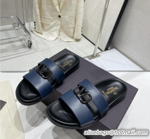 Luxury Cheap Valentino VLogo Leather Slide Sandals Navy Blue 712045