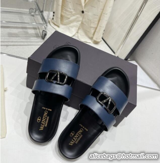 Luxury Cheap Valentino VLogo Leather Slide Sandals Navy Blue 712045