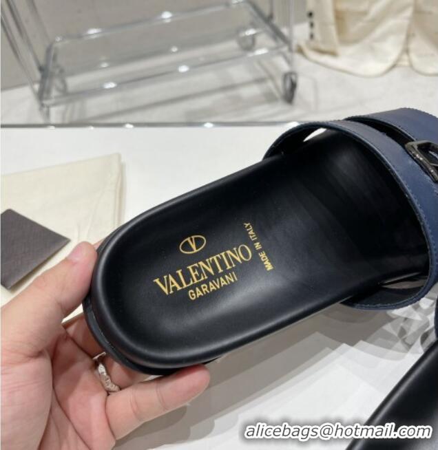 Luxury Cheap Valentino VLogo Leather Slide Sandals Navy Blue 712045