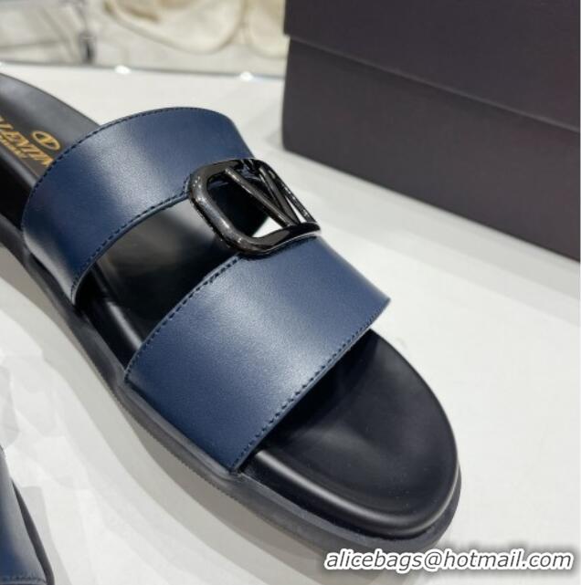 Luxury Cheap Valentino VLogo Leather Slide Sandals Navy Blue 712045