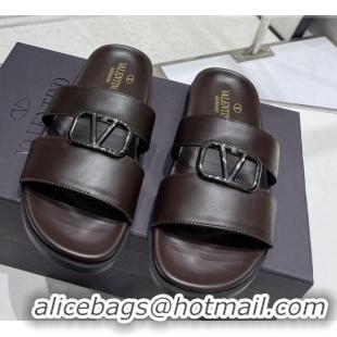 Luxury Valentino VLogo Leather Slide Sandals Brown 712046