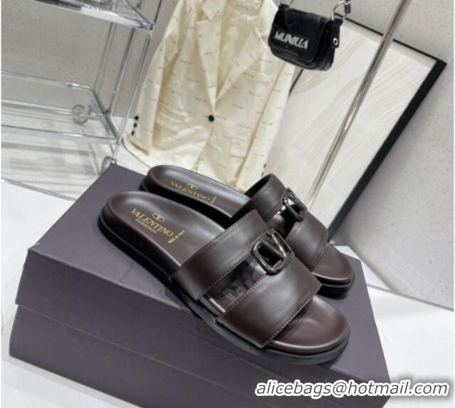 Luxury Valentino VLogo Leather Slide Sandals Brown 712046