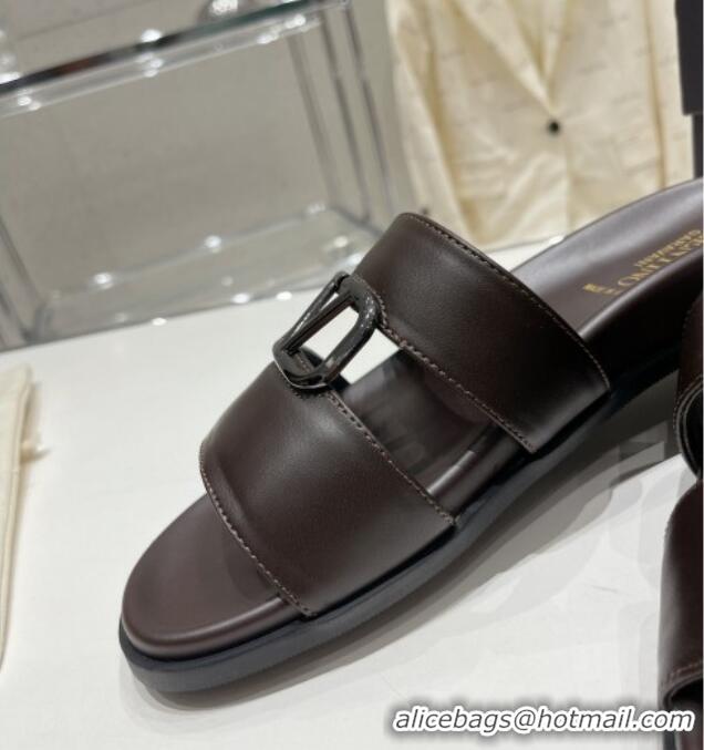 Luxury Valentino VLogo Leather Slide Sandals Brown 712046