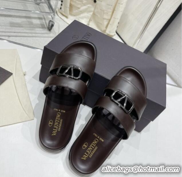 Luxury Valentino VLogo Leather Slide Sandals Brown 712046