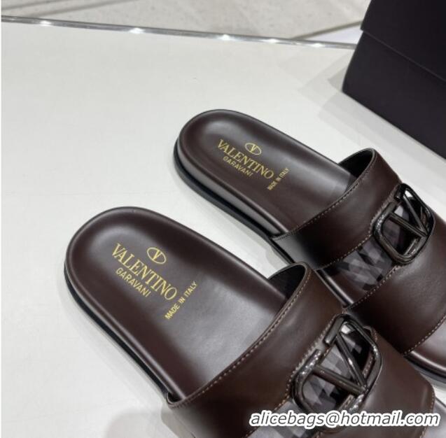 Luxury Valentino VLogo Leather Slide Sandals Brown 712046