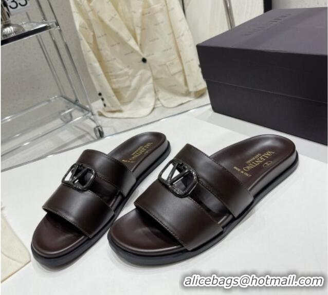 Luxury Valentino VLogo Leather Slide Sandals Brown 712046