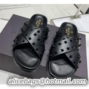 Durable Valentino Roman Stud Turtle Rubger Slide Sandals Black 712047