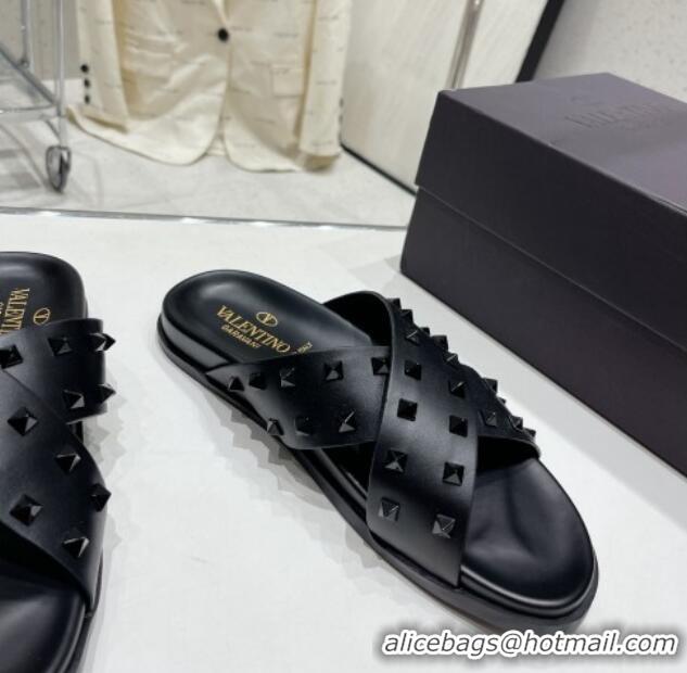 Durable Valentino Roman Stud Turtle Rubger Slide Sandals Black 712047