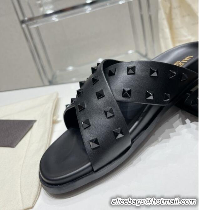 Durable Valentino Roman Stud Turtle Rubger Slide Sandals Black 712047