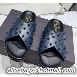 Best Price Valentino Roman Stud Turtle Rubger Slide Sandals Navy Blue 712048