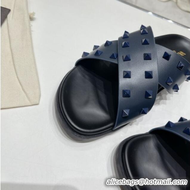 Best Price Valentino Roman Stud Turtle Rubger Slide Sandals Navy Blue 712048