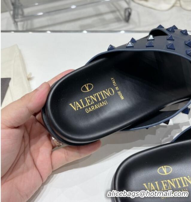 Best Price Valentino Roman Stud Turtle Rubger Slide Sandals Navy Blue 712048