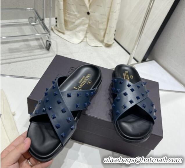 Best Price Valentino Roman Stud Turtle Rubger Slide Sandals Navy Blue 712048