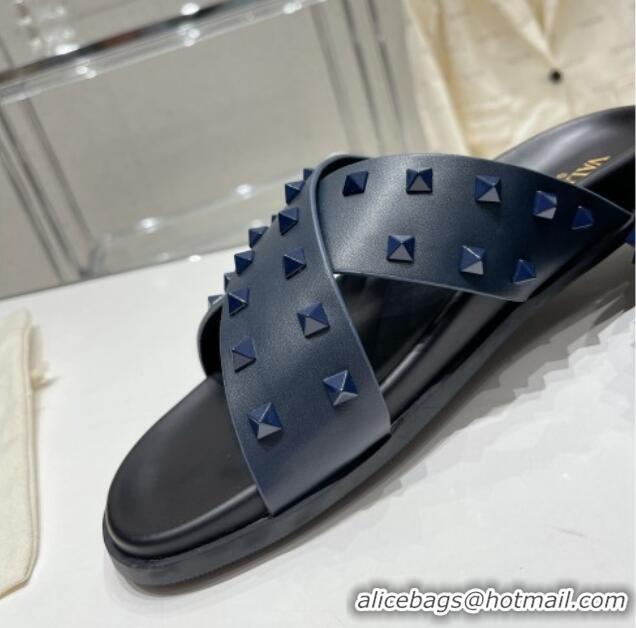 Best Price Valentino Roman Stud Turtle Rubger Slide Sandals Navy Blue 712048